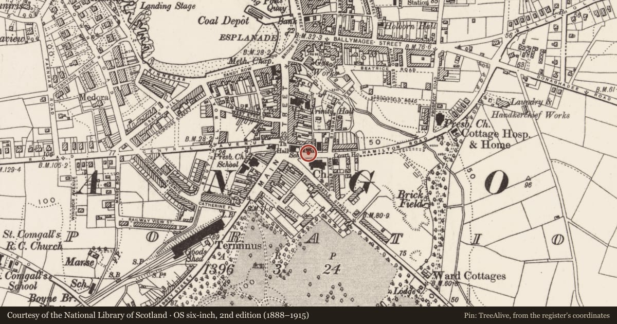 Ordnance Survey six-inch map, 2nd edition (1888–1915) covering the location of Orange Hall, Corporation, Ards and North Down, with a pin at the register's coordinates