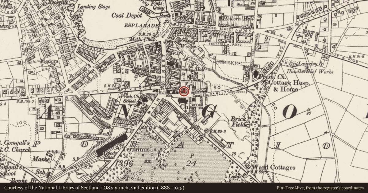 Ordnance Survey six-inch map, 2nd edition (1888–1915) covering the location of Wesley Centenary Methodist Church, Corporation, Ards and North Down, with a pin at the register's coordinates