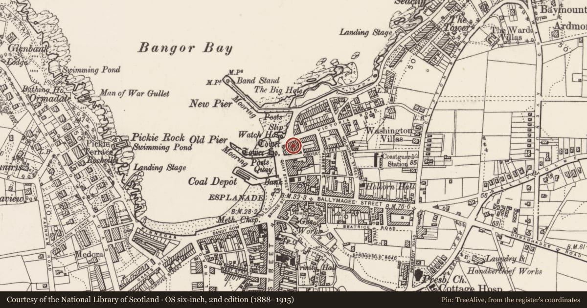 Ordnance Survey six-inch map, 2nd edition (1888–1915) covering the location of 4 Victoria Road, Corporation, Ards and North Down, with a pin at the register's coordinates