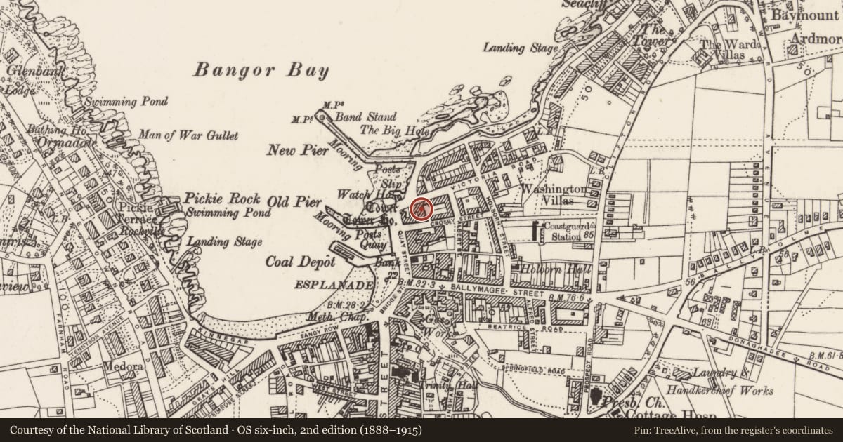 Ordnance Survey six-inch map, 2nd edition (1888–1915) covering the location of 8 Victoria Road, Corporation, Ards and North Down, with a pin at the register's coordinates