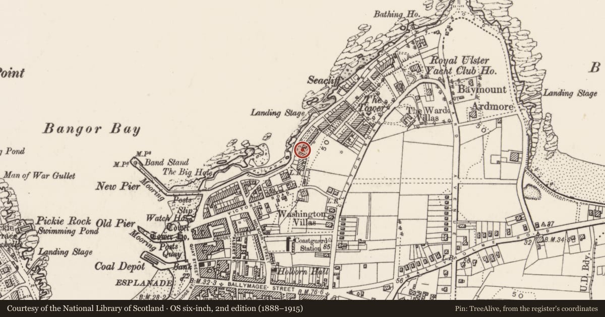 Ordnance Survey six-inch map, 2nd edition (1888–1915) covering the location of 102 Seacliff Road, Corporation, Ards and North Down, with a pin at the register's coordinates