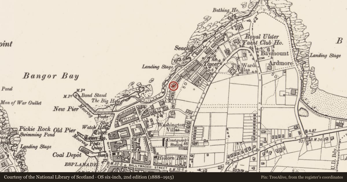Ordnance Survey six-inch map, 2nd edition (1888–1915) covering the location of 104 Seacliff Road, Corporation, Ards and North Down, with a pin at the register's coordinates