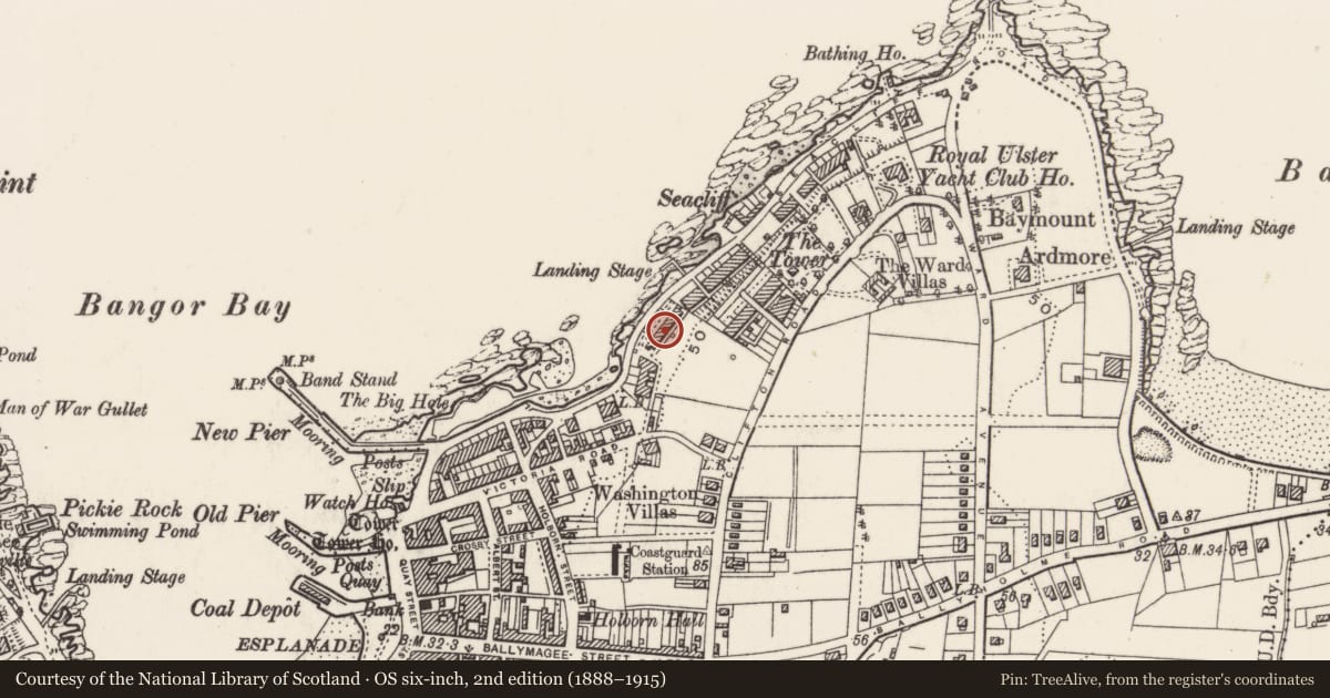 Ordnance Survey six-inch map, 2nd edition (1888–1915) covering the location of 108 Seacliff Road, Corporation, Ards and North Down, with a pin at the register's coordinates