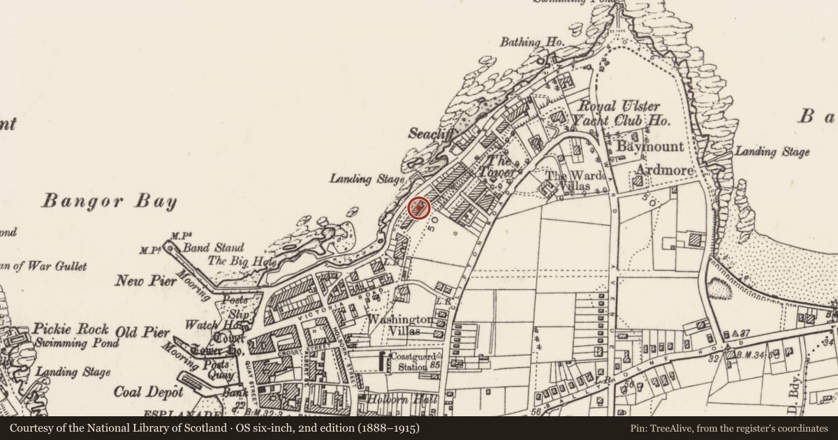 Ordnance Survey six-inch map, 2nd edition (1888–1915) covering the location of 112 Seacliff Road, Corporation, Ards and North Down, with a pin at the register's coordinates
