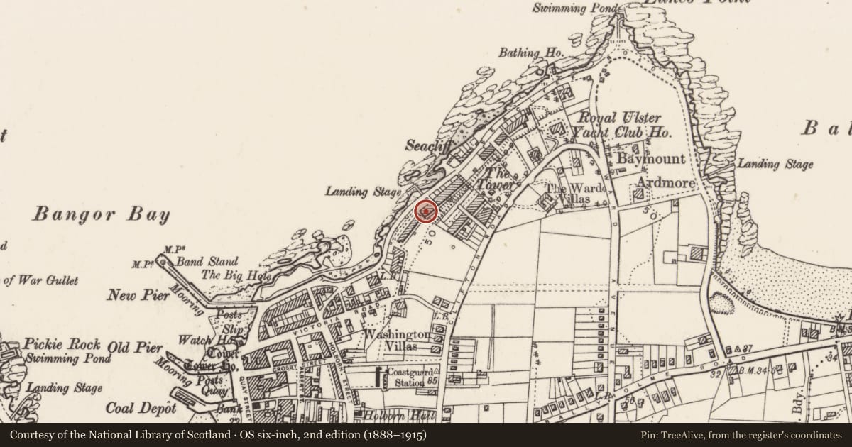 Ordnance Survey six-inch map, 2nd edition (1888–1915) covering the location of 118 Seacliff Road, Ards and North Down, with a pin at the register's coordinates