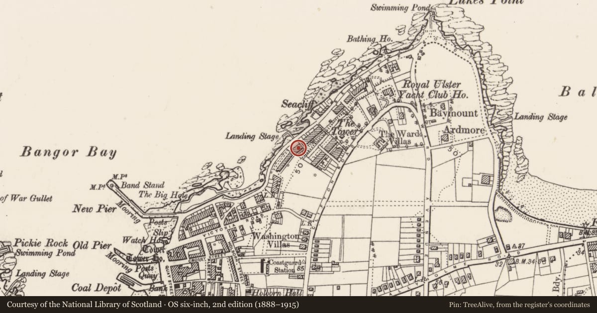 Ordnance Survey six-inch map, 2nd edition (1888–1915) covering the location of 120 Seacliff Road, Ards and North Down, with a pin at the register's coordinates