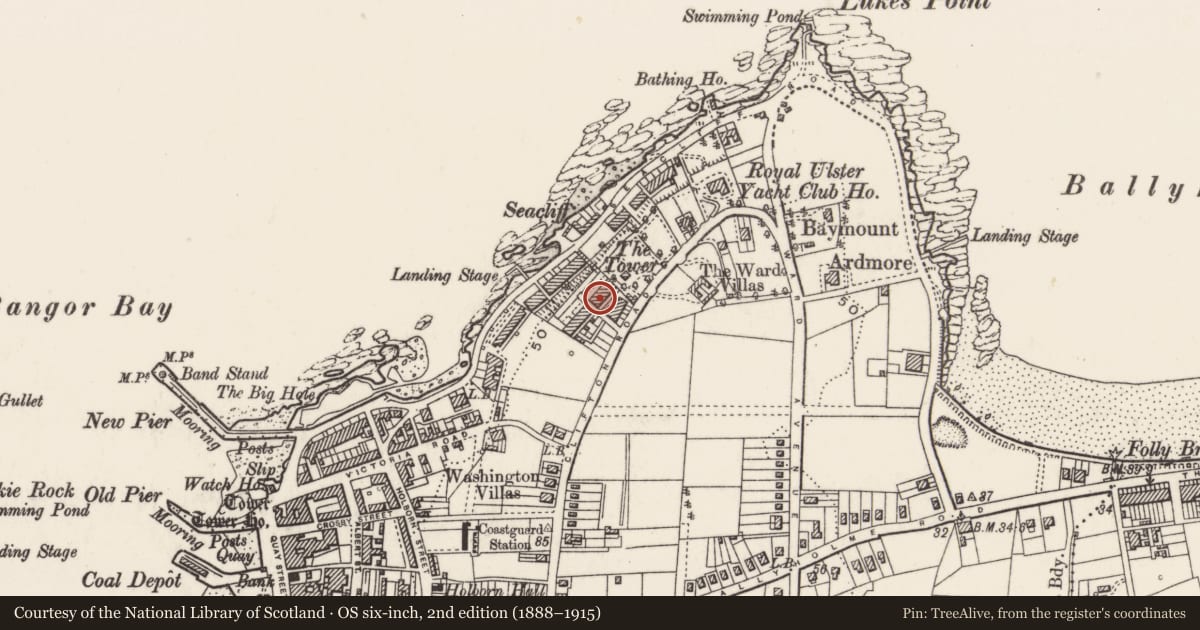 Ordnance Survey six-inch map, 2nd edition (1888–1915) covering the location of 1-6 Carisbrooke Terrace, Ards and North Down, with a pin at the register's coordinates