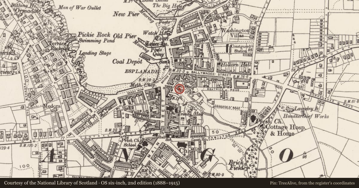 Ordnance Survey six-inch map, 2nd edition (1888–1915) covering the location of Demolished Gas Works, Ards and North Down, with a pin at the register's coordinates