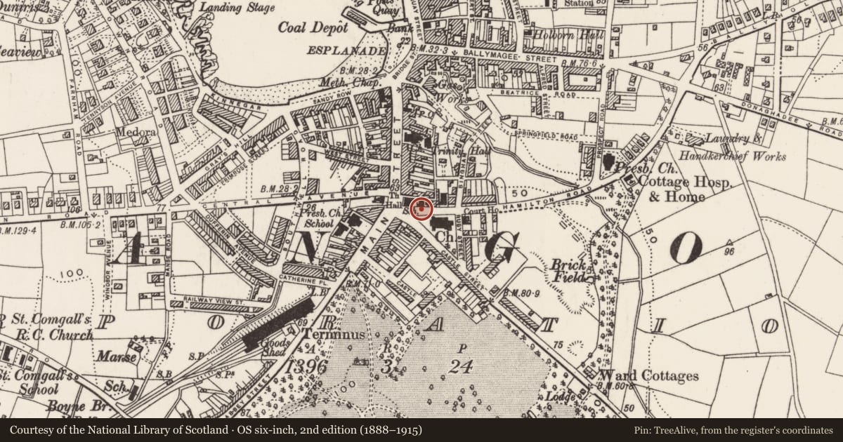Ordnance Survey six-inch map, 2nd edition (1888–1915) covering the location of former Good Templar Hall, Corporation, Ards and North Down, with a pin at the register's coordinates
