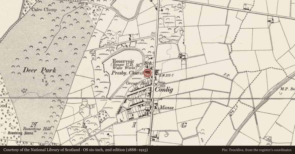 Ordnance Survey six-inch map, 2nd edition (1888–1915) covering the location of Conlig Presbyterian Church, Ards and North Down, with a pin at the register's coordinates