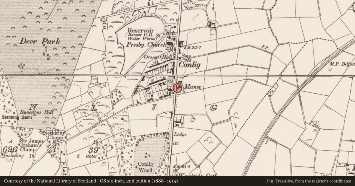 Ordnance Survey six-inch map, 2nd edition (1888–1915) covering the location of The Manse, Ards and North Down, with a pin at the register's coordinates