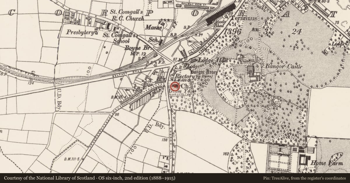 Ordnance Survey six-inch map, 2nd edition (1888–1915) covering the location of Graveyard, Ards and North Down, with a pin at the register's coordinates