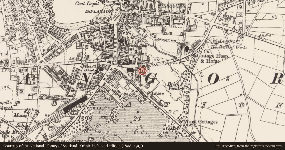 Ordnance Survey six-inch map, 2nd edition (1888–1915) covering the location of Dufferin Memorial Hall, Corporation, Ards and North Down, with a pin at the register's coordinates