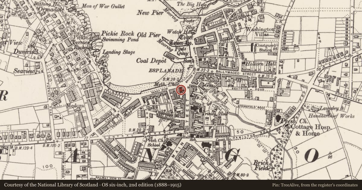 Ordnance Survey six-inch map, 2nd edition (1888–1915) covering the location of Queens Parade Methodist Church Queens Parade, Corporation, Ards and North Down, with a pin at the register's coordinates