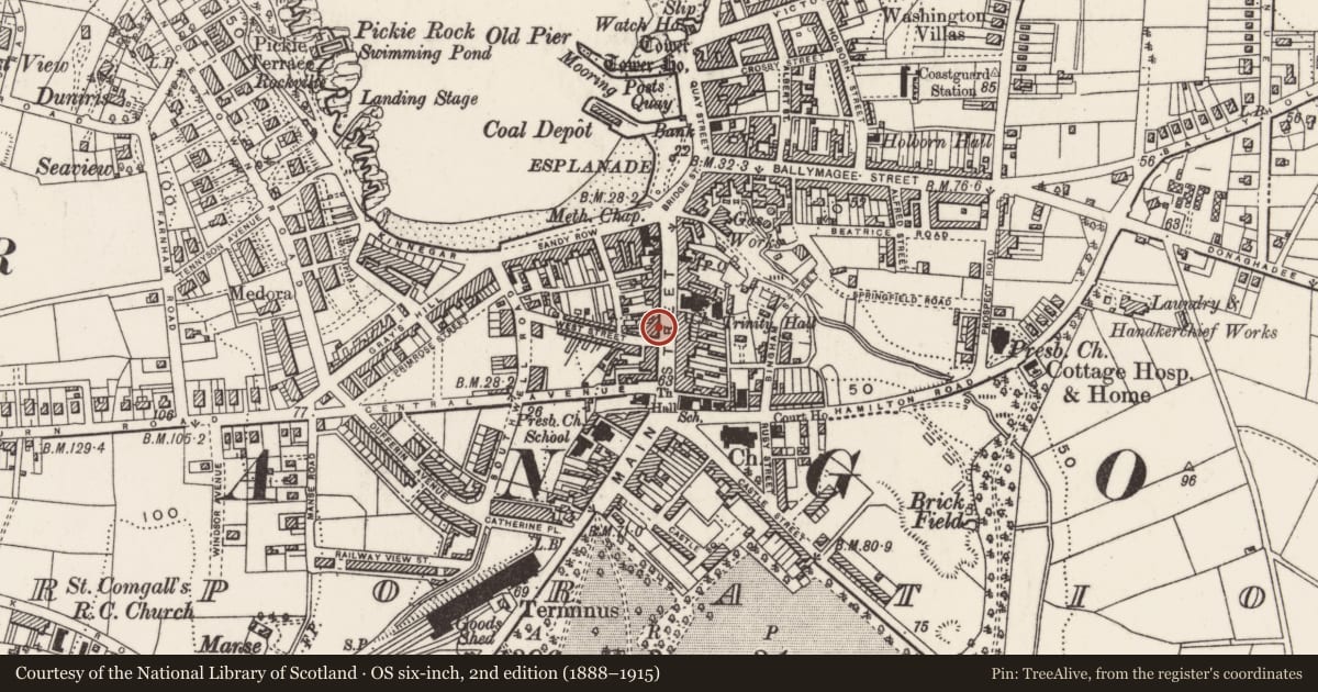 Ordnance Survey six-inch map, 2nd edition (1888–1915) covering the location of 58-60 Main Street, Ards and North Down, with a pin at the register's coordinates