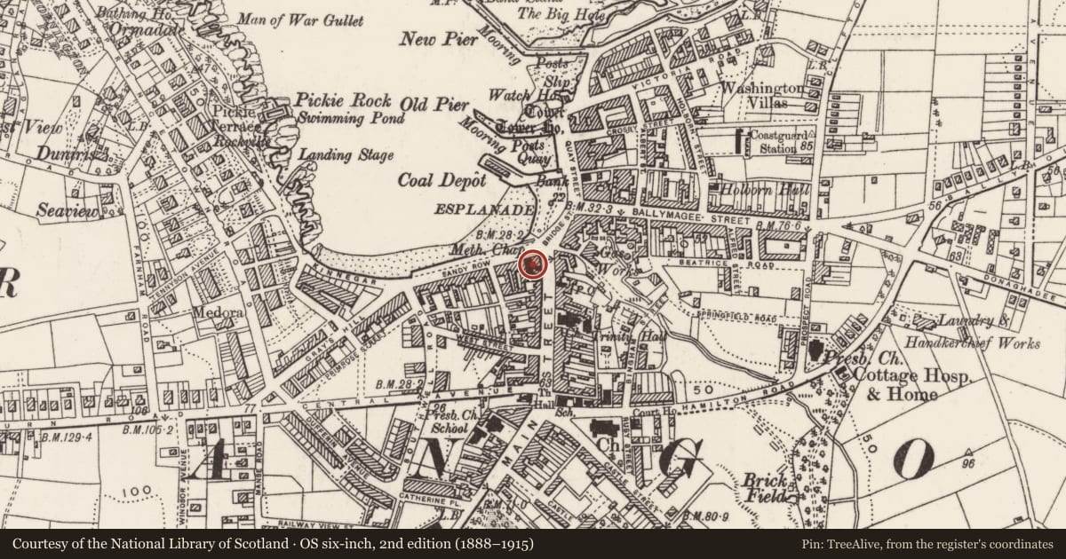 Ordnance Survey six-inch map, 2nd edition (1888–1915) covering the location of Hunter’s Bar, Ards and North Down, with a pin at the register's coordinates