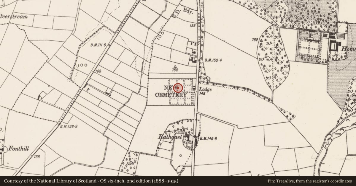 Ordnance Survey six-inch map, 2nd edition (1888–1915) covering the location of Bangor Cemetery, Ards and North Down, with a pin at the register's coordinates