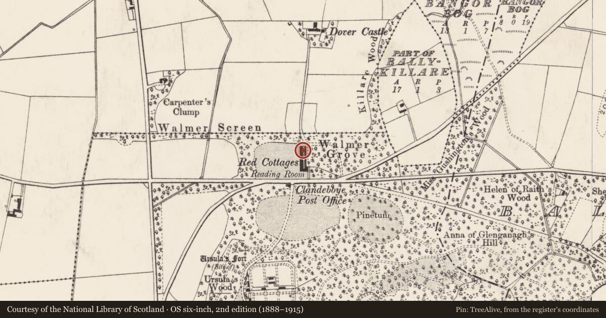 Ordnance Survey six-inch map, 2nd edition (1888–1915) covering the location of 12 Clandeboye Cottages, Ballyleidy, Ards and North Down, with a pin at the register's coordinates