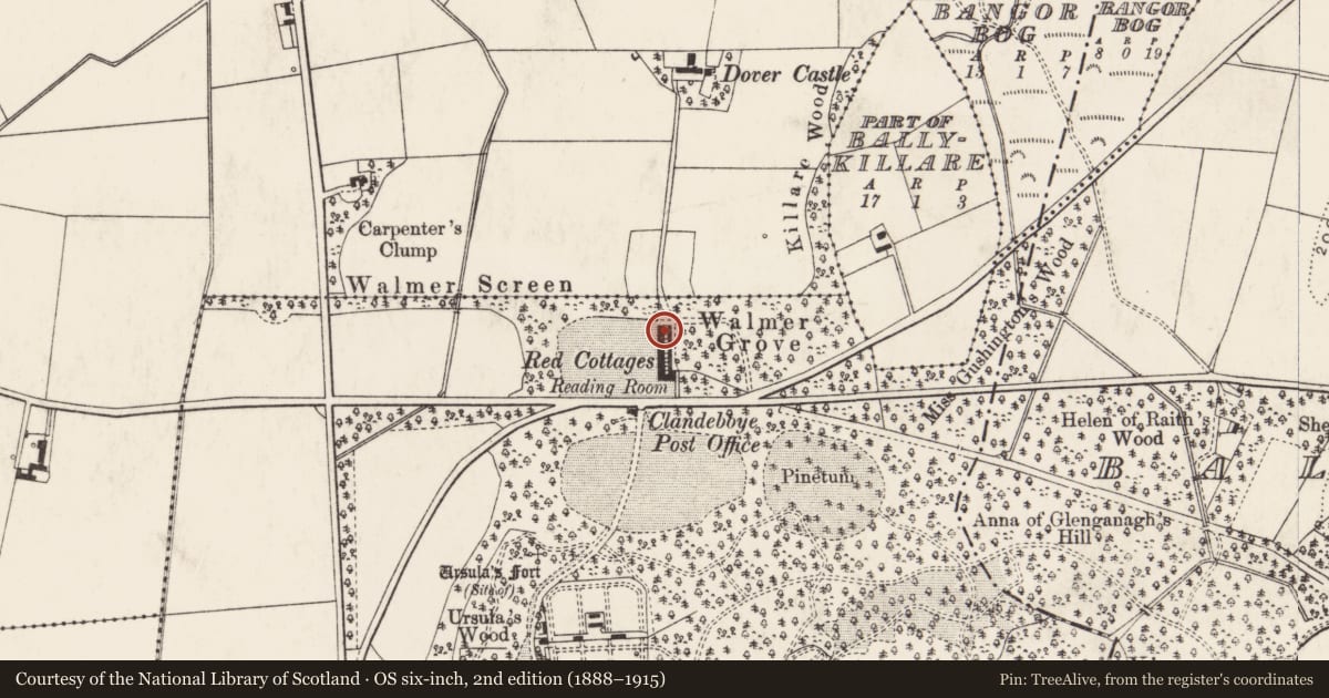 Ordnance Survey six-inch map, 2nd edition (1888–1915) covering the location of 13 Clandeboye Cottages, Ballyleidy, Ards and North Down, with a pin at the register's coordinates