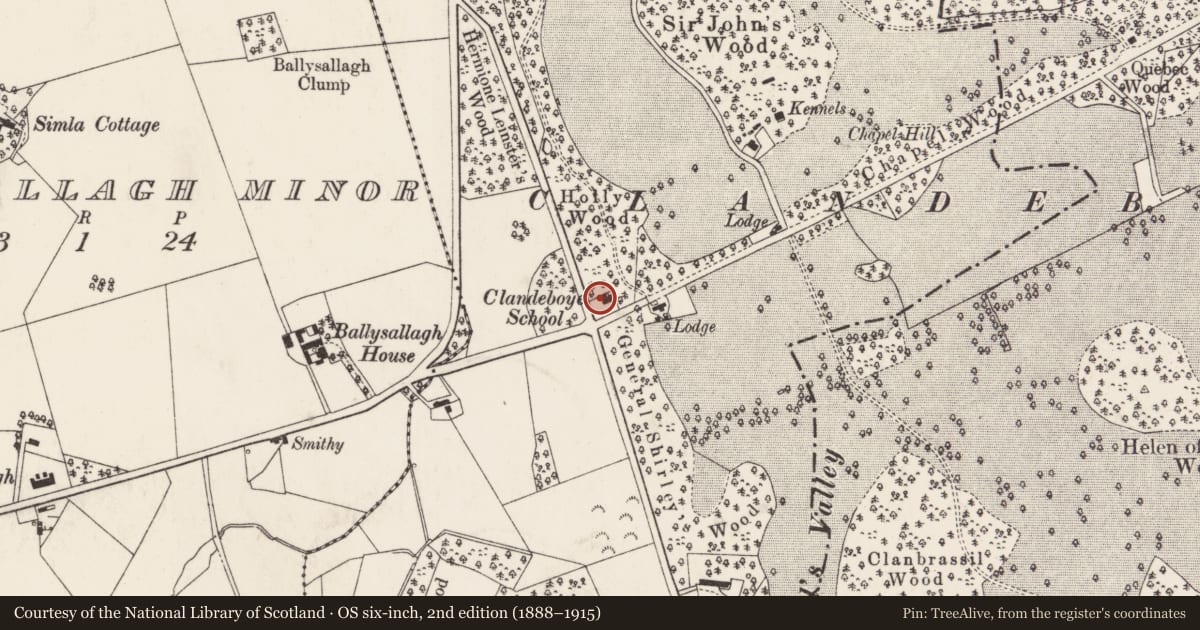 Ordnance Survey six-inch map, 2nd edition (1888–1915) covering the location of Clandeboye Lodge Hotel (The George), Ballyleidy, Ards and North Down, with a pin at the register's coordinates