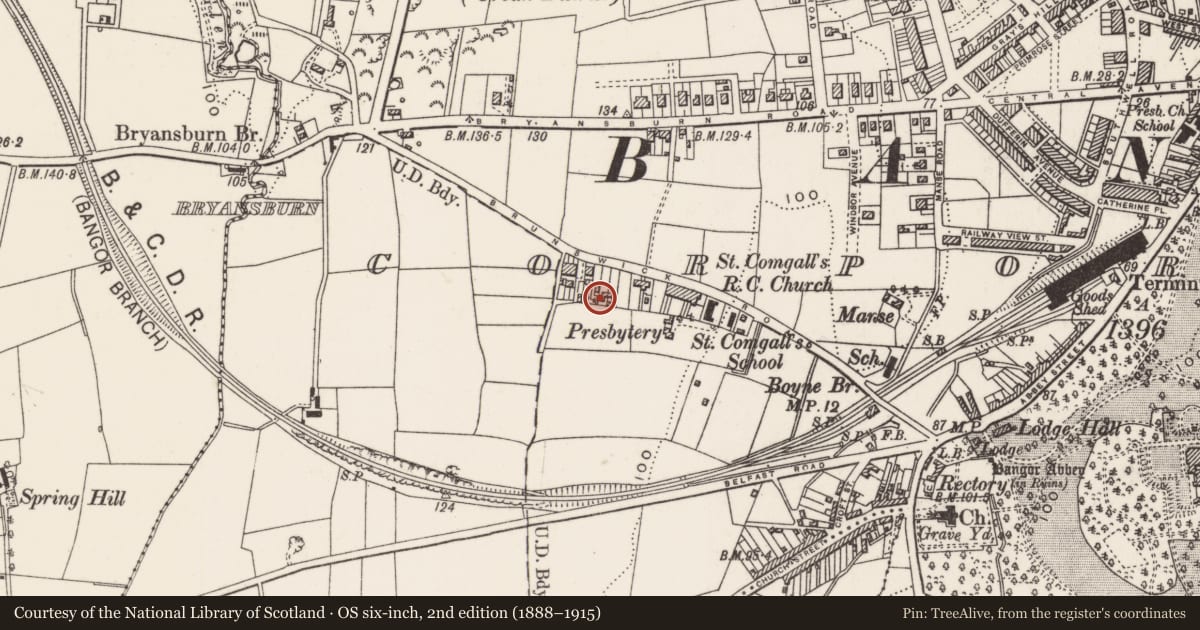 Ordnance Survey six-inch map, 2nd edition (1888–1915) covering the location of 61-63 Brunswick Road, Ards and North Down, with a pin at the register's coordinates