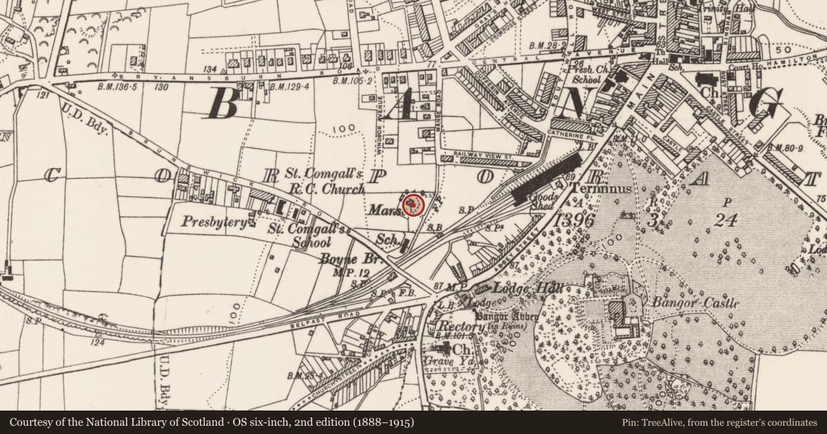 Ordnance Survey six-inch map, 2nd edition (1888–1915) covering the location of 40 Manse Road, Ards and North Down, with a pin at the register's coordinates