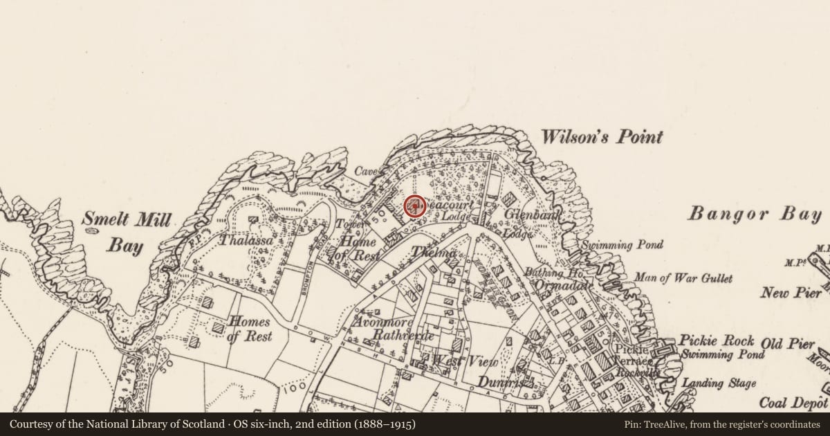 Ordnance Survey six-inch map, 2nd edition (1888–1915) covering the location of Seacourt, Corporation, Ards and North Down, with a pin at the register's coordinates