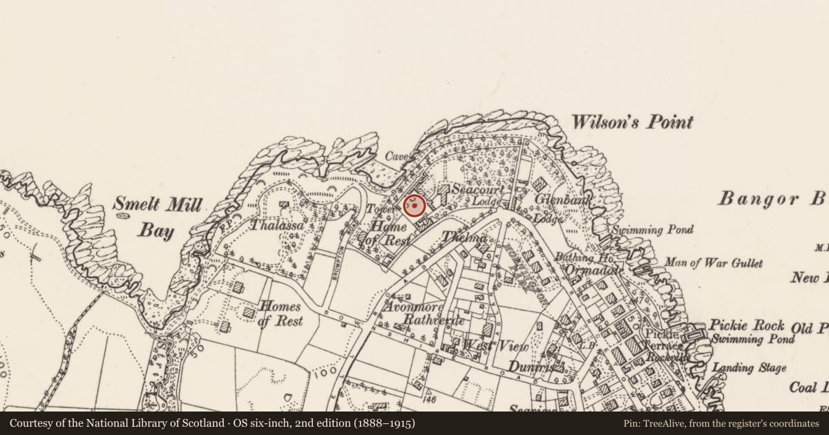 Ordnance Survey six-inch map, 2nd edition (1888–1915) covering the location of Former Walled Garden, Corporation, Ards and North Down, with a pin at the register's coordinates