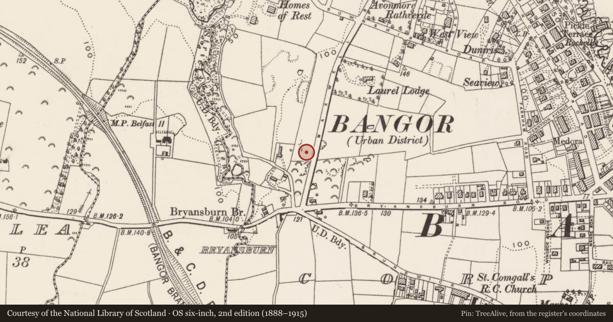 Ordnance Survey six-inch map, 2nd edition (1888–1915) covering the location of 32 Maxwell Road, Corporation, Ards and North Down, with a pin at the register's coordinates