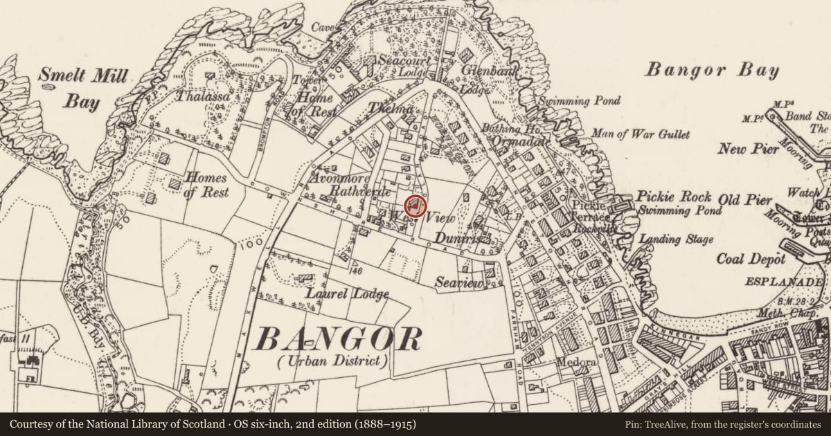 Ordnance Survey six-inch map, 2nd edition (1888–1915) covering the location of 16 Raglan Road, Corporation, Ards and North Down, with a pin at the register's coordinates