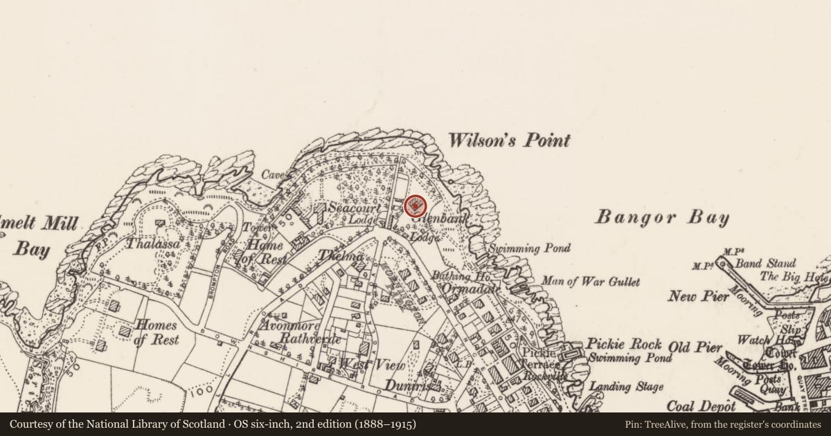 Ordnance Survey six-inch map, 2nd edition (1888–1915) covering the location of Glenbank House, Corporation, Ards and North Down, with a pin at the register's coordinates
