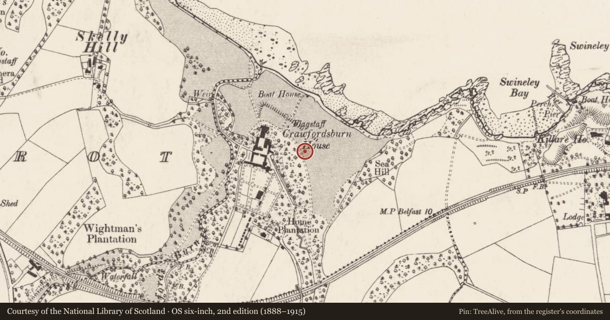 Ordnance Survey six-inch map, 2nd edition (1888–1915) covering the location of Crawford House, Killaire, Ards and North Down, with a pin at the register's coordinates
