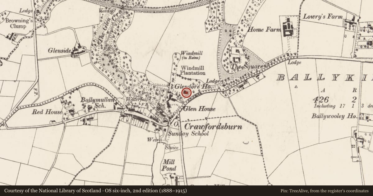 Ordnance Survey six-inch map, 2nd edition (1888–1915) covering the location of Glendore House, Ballymullan, Ards and North Down, with a pin at the register's coordinates