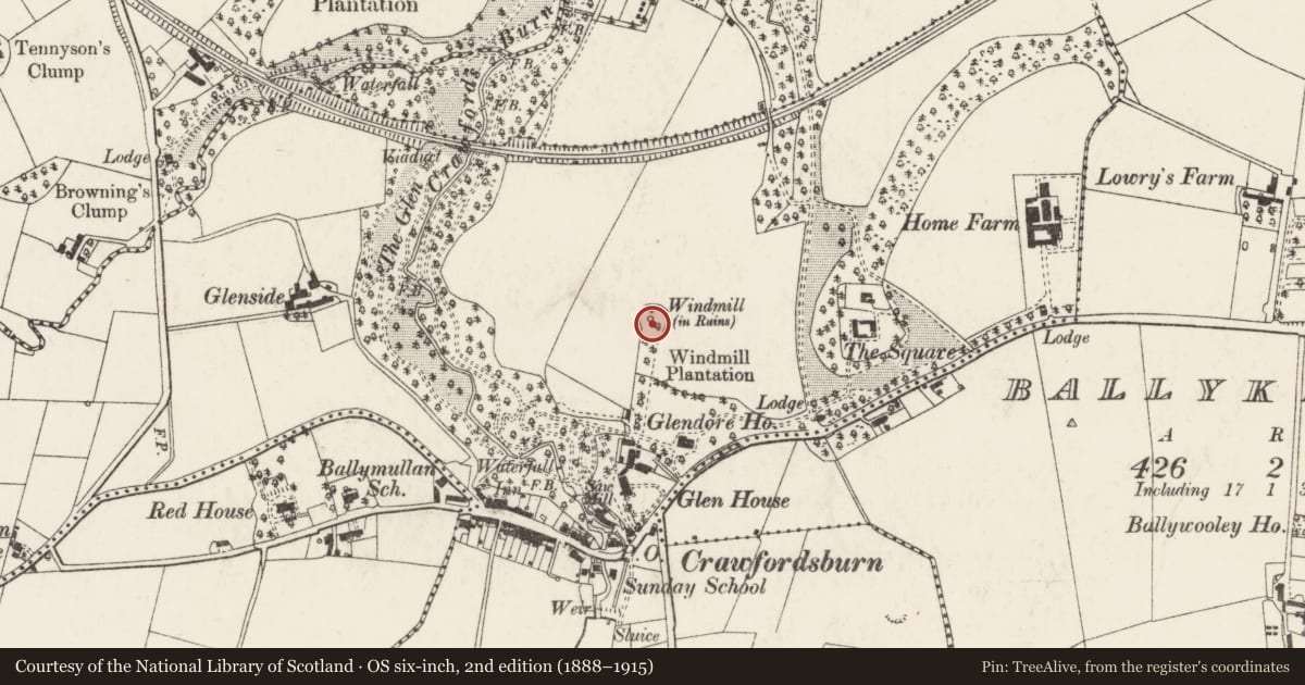 Ordnance Survey six-inch map, 2nd edition (1888–1915) covering the location of Windmill, Ards and North Down, with a pin at the register's coordinates