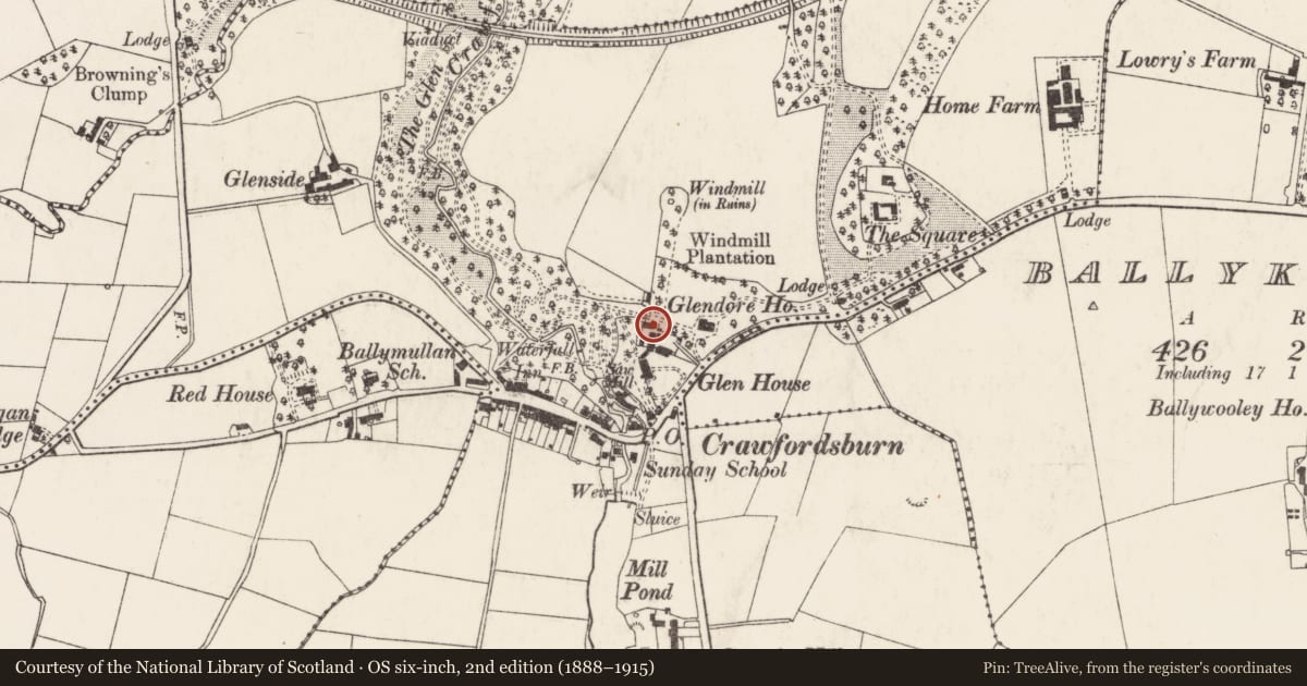 Ordnance Survey six-inch map, 2nd edition (1888–1915) covering the location of 212B Crawfordsburn Road, Ards and North Down, with a pin at the register's coordinates