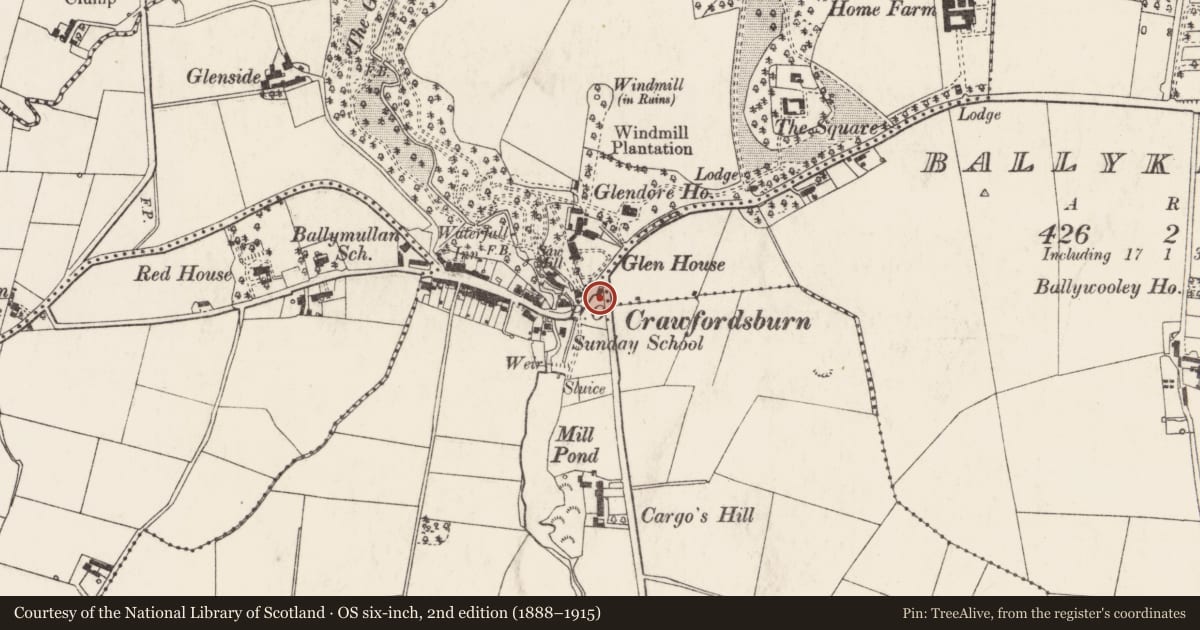 Ordnance Survey six-inch map, 2nd edition (1888–1915) covering the location of Burn Cottage, Ards and North Down, with a pin at the register's coordinates