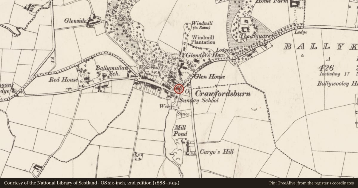 Ordnance Survey six-inch map, 2nd edition (1888–1915) covering the location of Old Mill House, Ards and North Down, with a pin at the register's coordinates