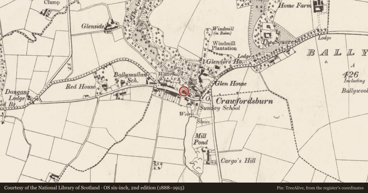 Ordnance Survey six-inch map, 2nd edition (1888–1915) covering the location of 11 Main Street, Ards and North Down, with a pin at the register's coordinates