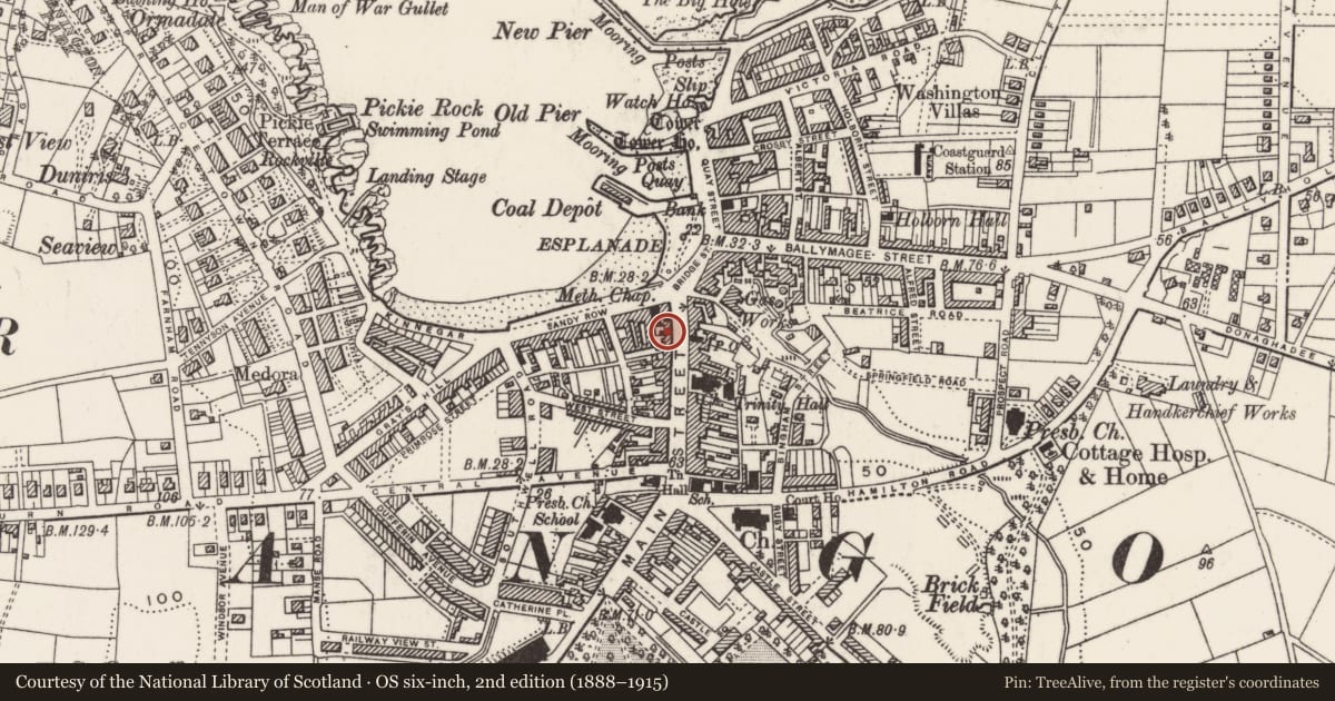 Ordnance Survey six-inch map, 2nd edition (1888–1915) covering the location of 10-20 Main Street, Ards and North Down, with a pin at the register's coordinates