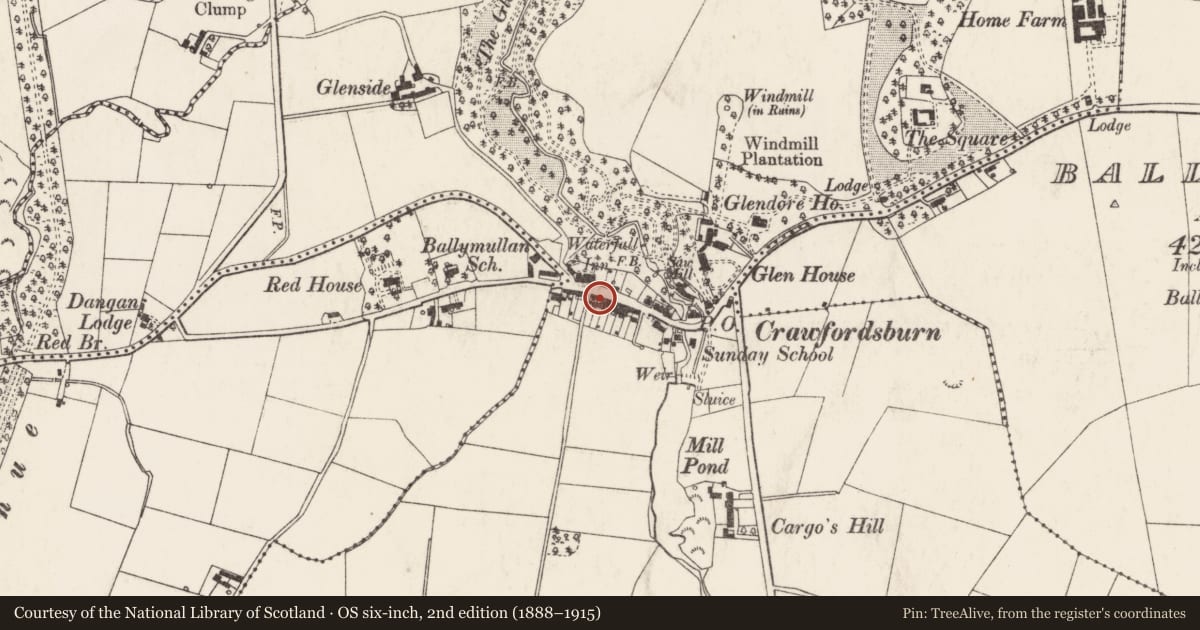 Ordnance Survey six-inch map, 2nd edition (1888–1915) covering the location of 22-24 Main Street, Ards and North Down, with a pin at the register's coordinates