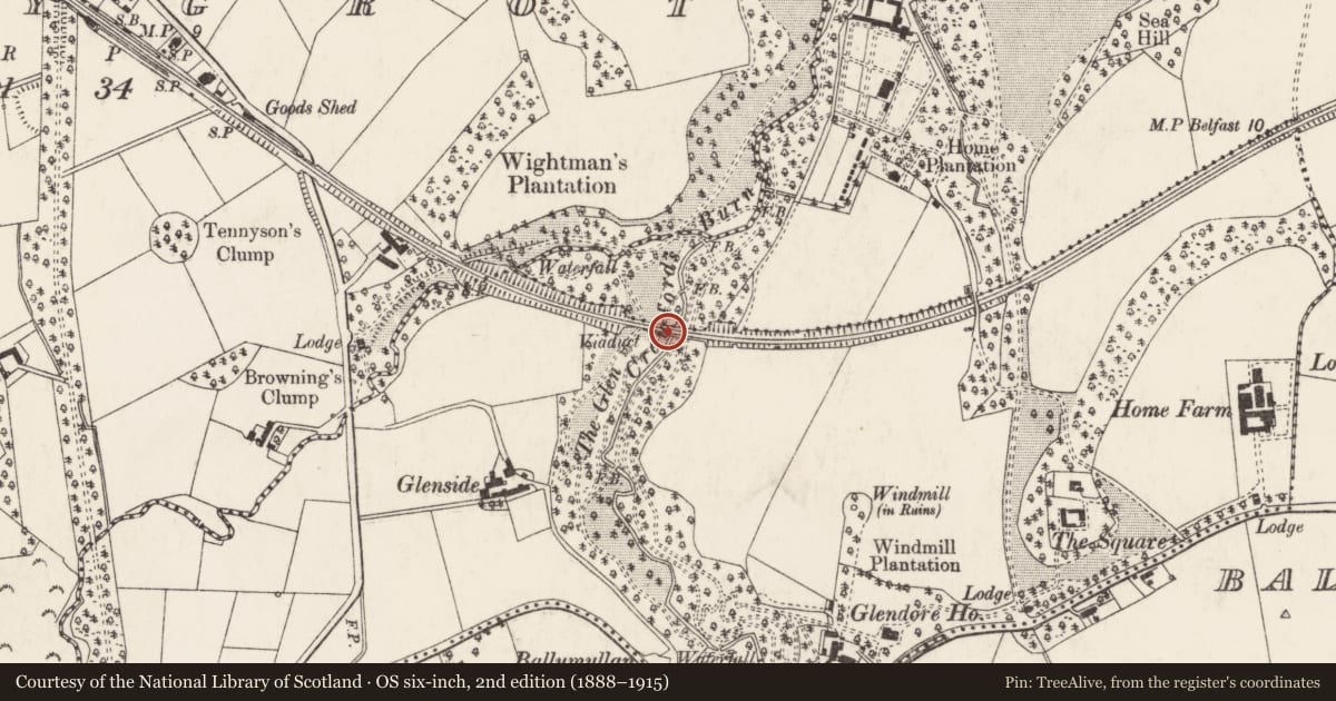 Ordnance Survey six-inch map, 2nd edition (1888–1915) covering the location of Railway Viaduct, Ballymullan, Ards and North Down, with a pin at the register's coordinates