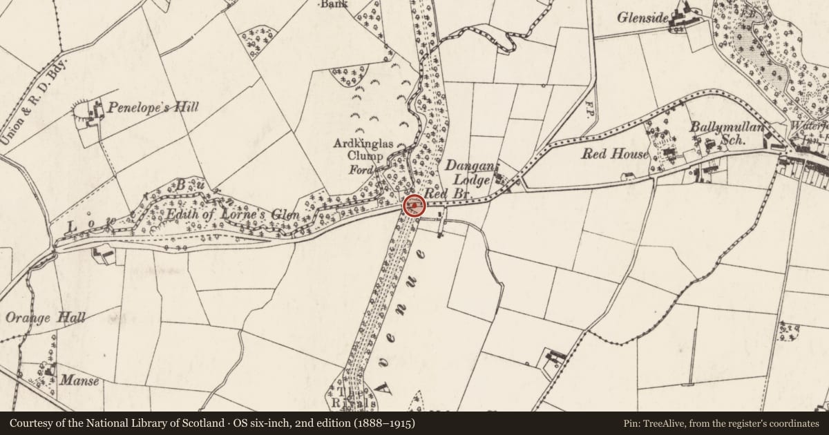 Ordnance Survey six-inch map, 2nd edition (1888–1915) covering the location of Red Bridge, Ballygilbert/Balymullan, Ards and North Down, with a pin at the register's coordinates