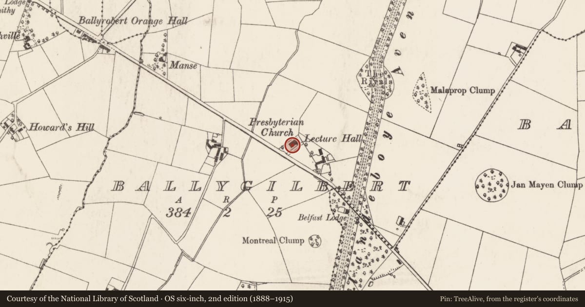 Ordnance Survey six-inch map, 2nd edition (1888–1915) covering the location of Ballygilbert Presbyterian Church, Ards and North Down, with a pin at the register's coordinates