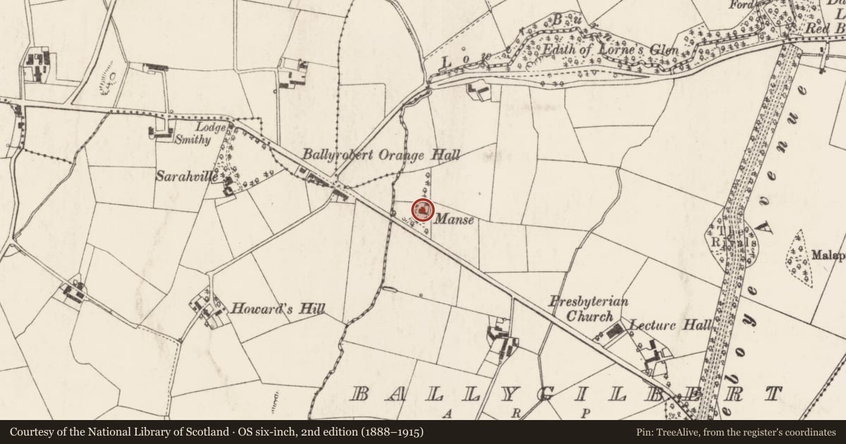 Ordnance Survey six-inch map, 2nd edition (1888–1915) covering the location of The Old Manse, Ballygilbert, Ards and North Down, with a pin at the register's coordinates