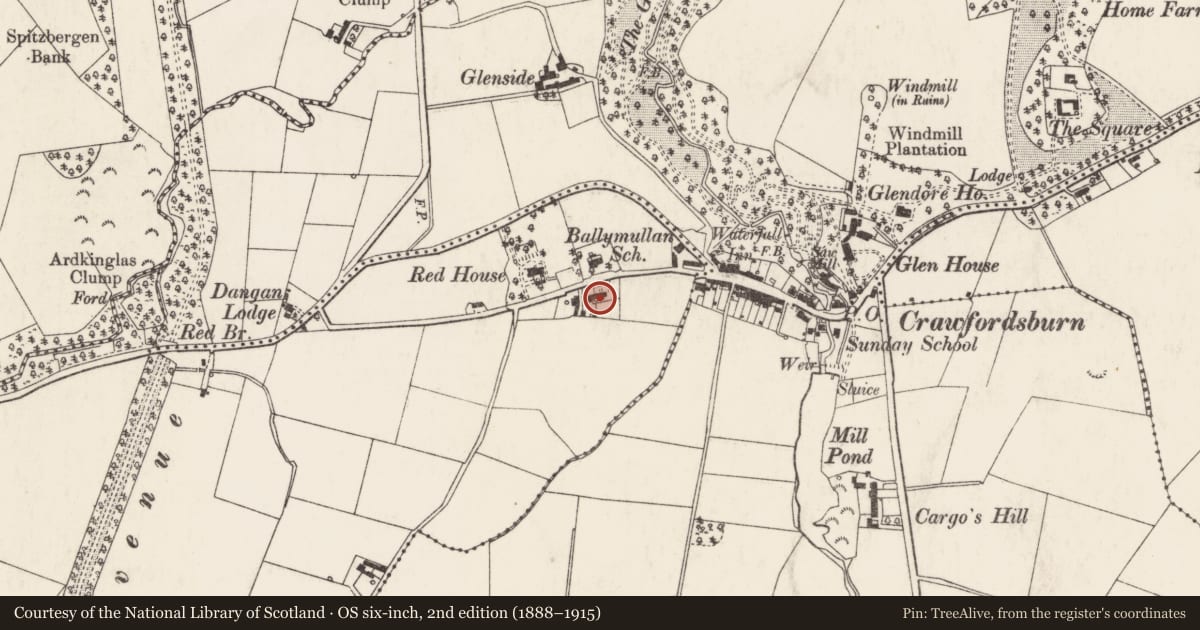 Ordnance Survey six-inch map, 2nd edition (1888–1915) covering the location of 16 Ballymullan Road, Ards and North Down, with a pin at the register's coordinates