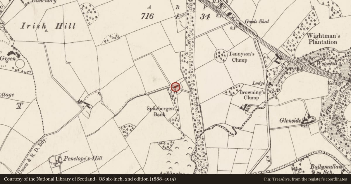 Ordnance Survey six-inch map, 2nd edition (1888–1915) covering the location of Sunnybrook Farm Cottages, Ards and North Down, with a pin at the register's coordinates