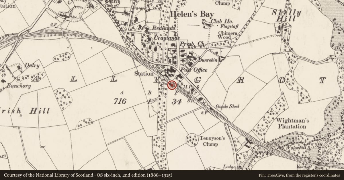 Ordnance Survey six-inch map, 2nd edition (1888–1915) covering the location of Station Platforms, Ballygrot, Ards and North Down, with a pin at the register's coordinates