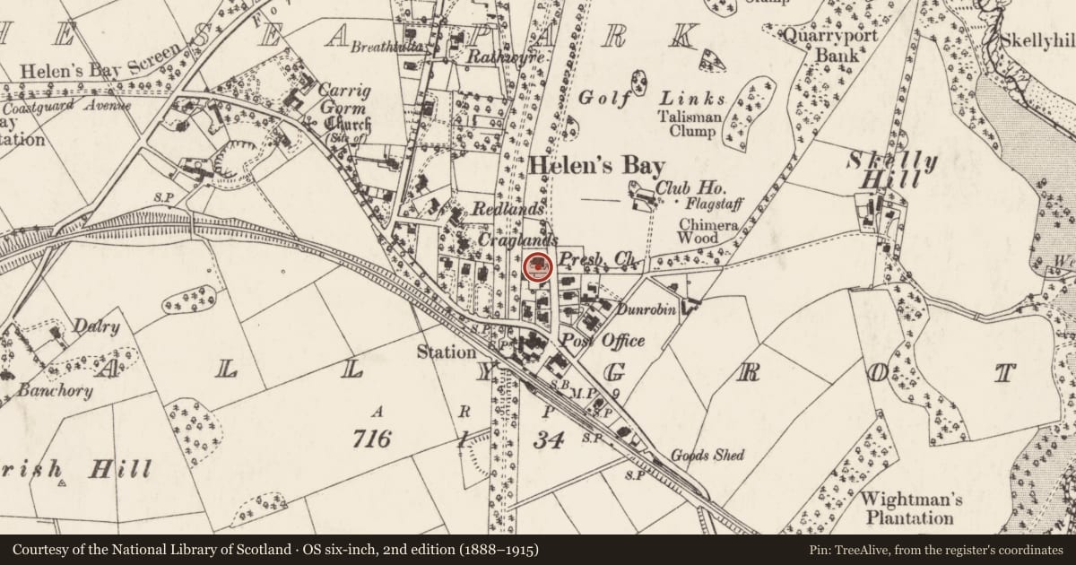Ordnance Survey six-inch map, 2nd edition (1888–1915) covering the location of Helen's Bay Presbyterian Church, Ballygrot, Ards and North Down, with a pin at the register's coordinates