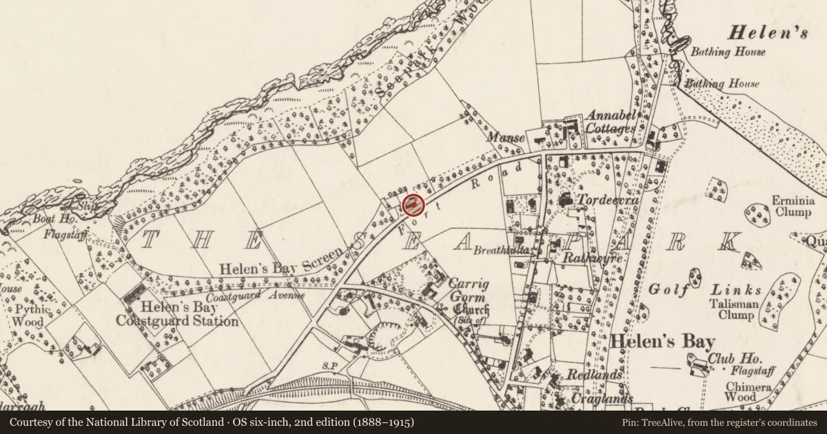 Ordnance Survey six-inch map, 2nd edition (1888–1915) covering the location of The Cottage, Ards and North Down, with a pin at the register's coordinates