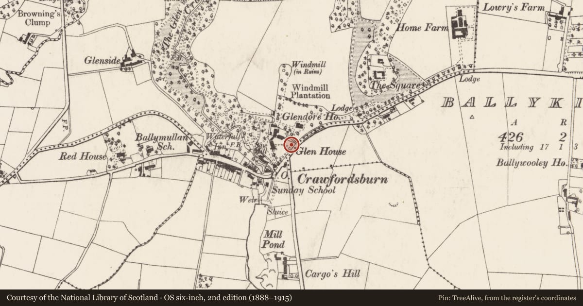 Ordnance Survey six-inch map, 2nd edition (1888–1915) covering the location of Glass House, Ards and North Down, with a pin at the register's coordinates